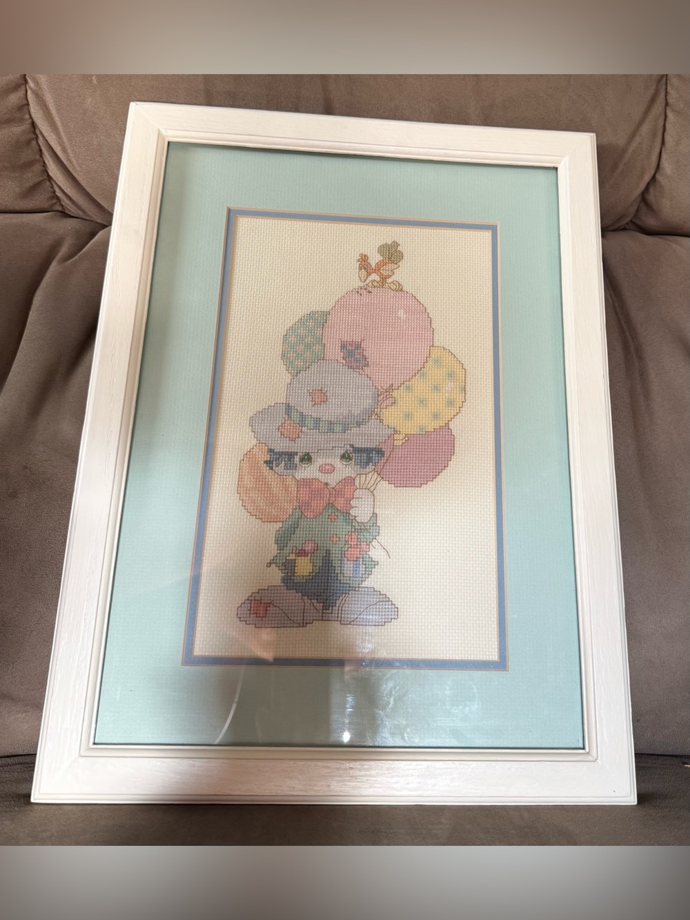 Vintage Framed Precious Moments Cross Stitch Clown